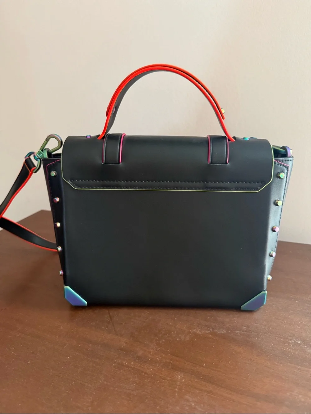 Michael Kors Manhattan Black Leather Satchel Rainbow Hardware EUC